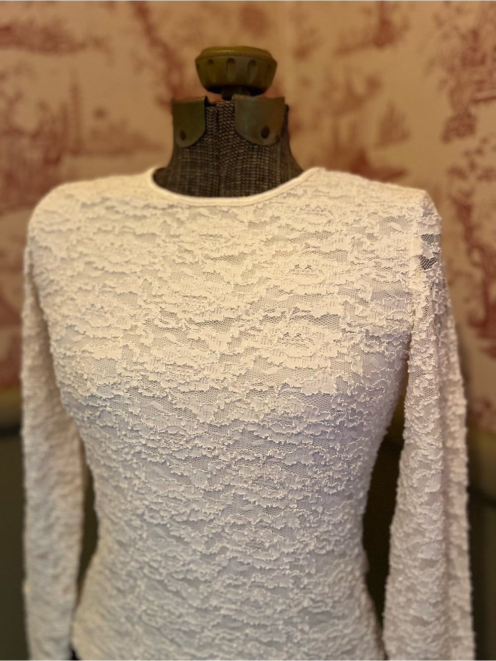 Ivory Cream Off White Lace Long-Sleeve Women’s Top Sheer Back BCBG Sz XS/S